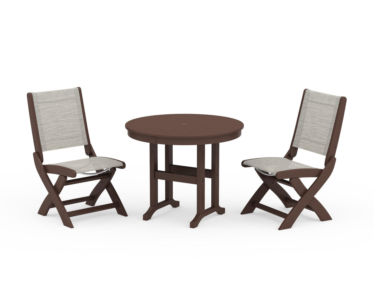 POLYWOOD Coastal Folding Side Chair 3-Piece Round Dining Set in Mahogany / Birch