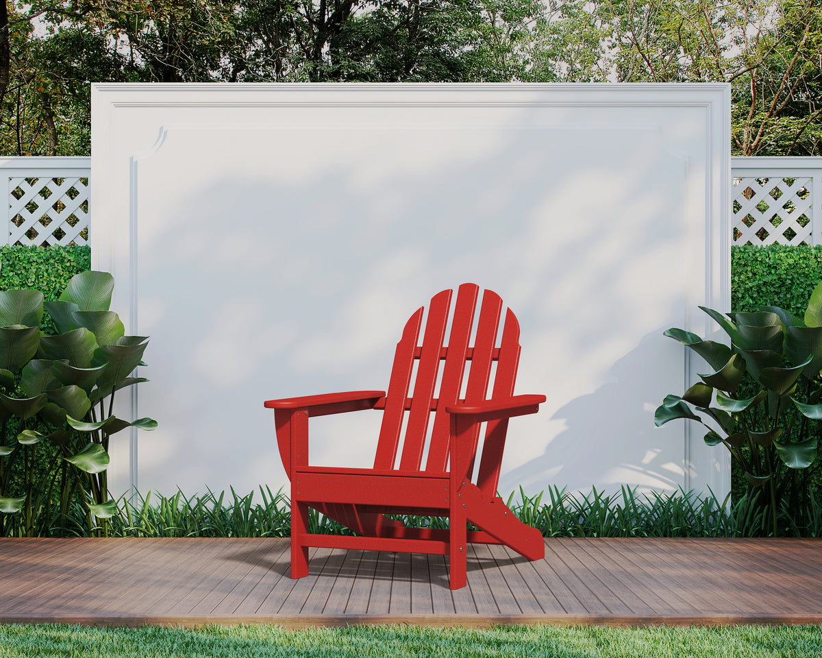 POLYWOOD Classic Adirondack Chair in Sunset Red styled outdoors