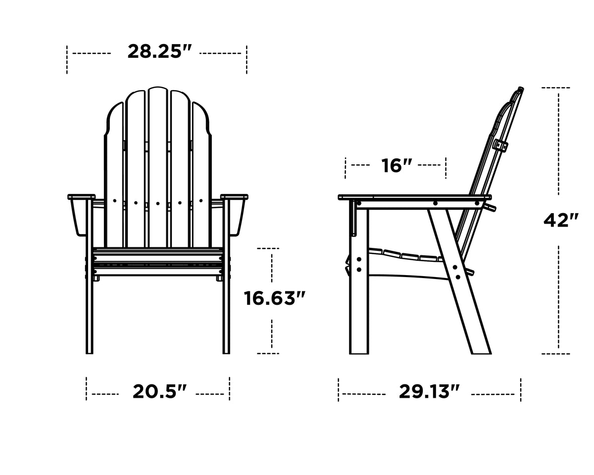 POLYWOOD Vineyard Curveback Adirondack Dining Chair dimension drawing with width, depth and height measurements