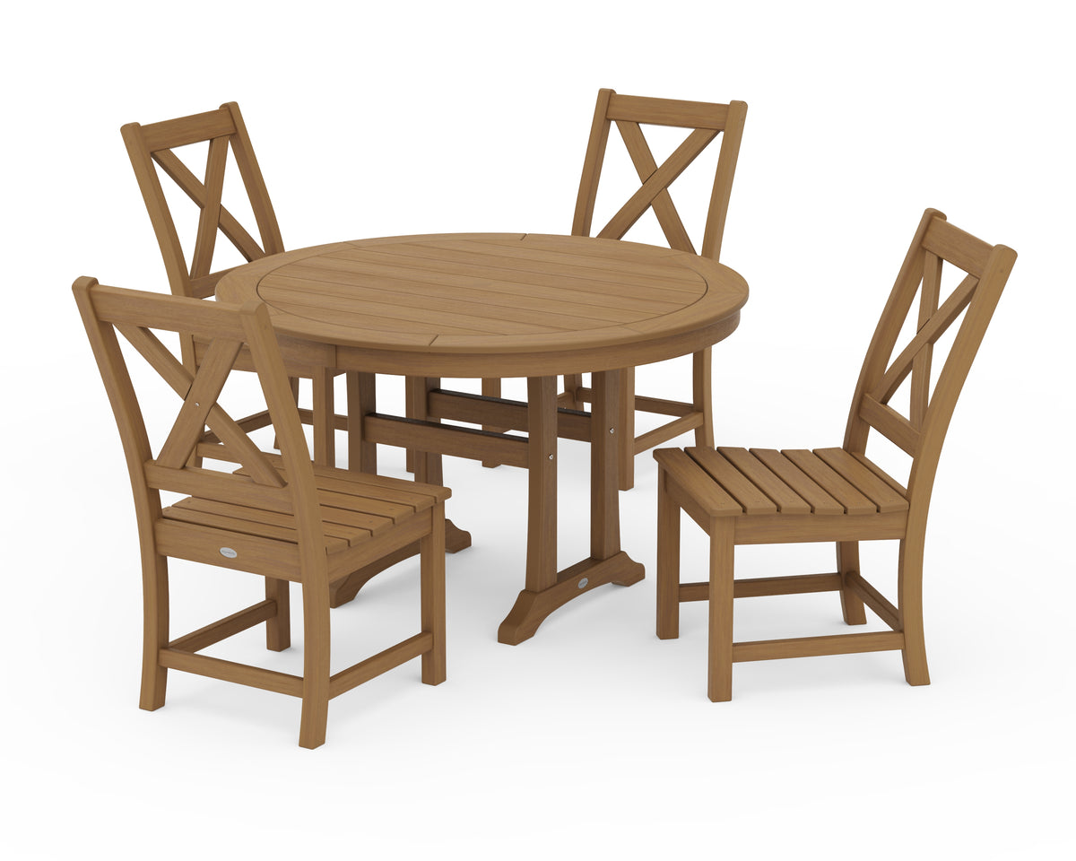 POLYWOOD Braxton Side Chair 5-Piece Round Dining Set with Trestle Legs in Natural