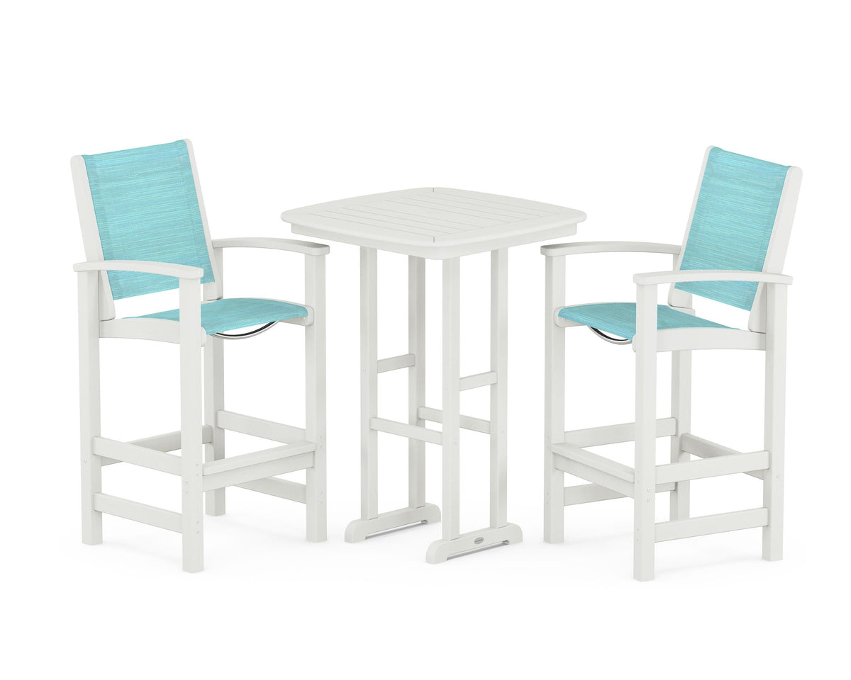 POLYWOOD Coastal 3-Piece Bar Set in Vintage White / Dupioni Aquamarine