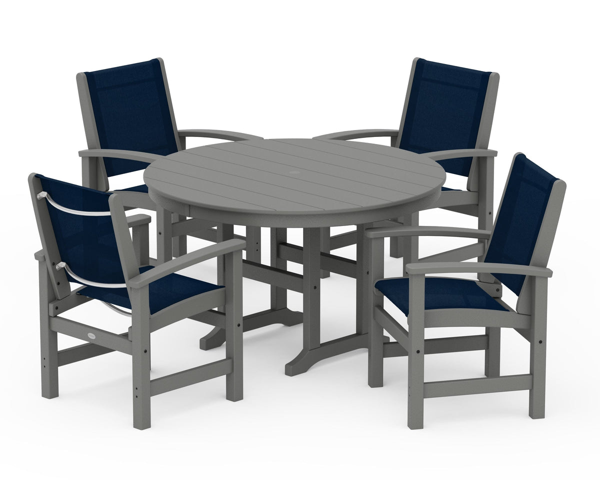 POLYWOOD Coastal 5-Piece Round Farmhouse Dining Set in Slate Grey / Navy Blue