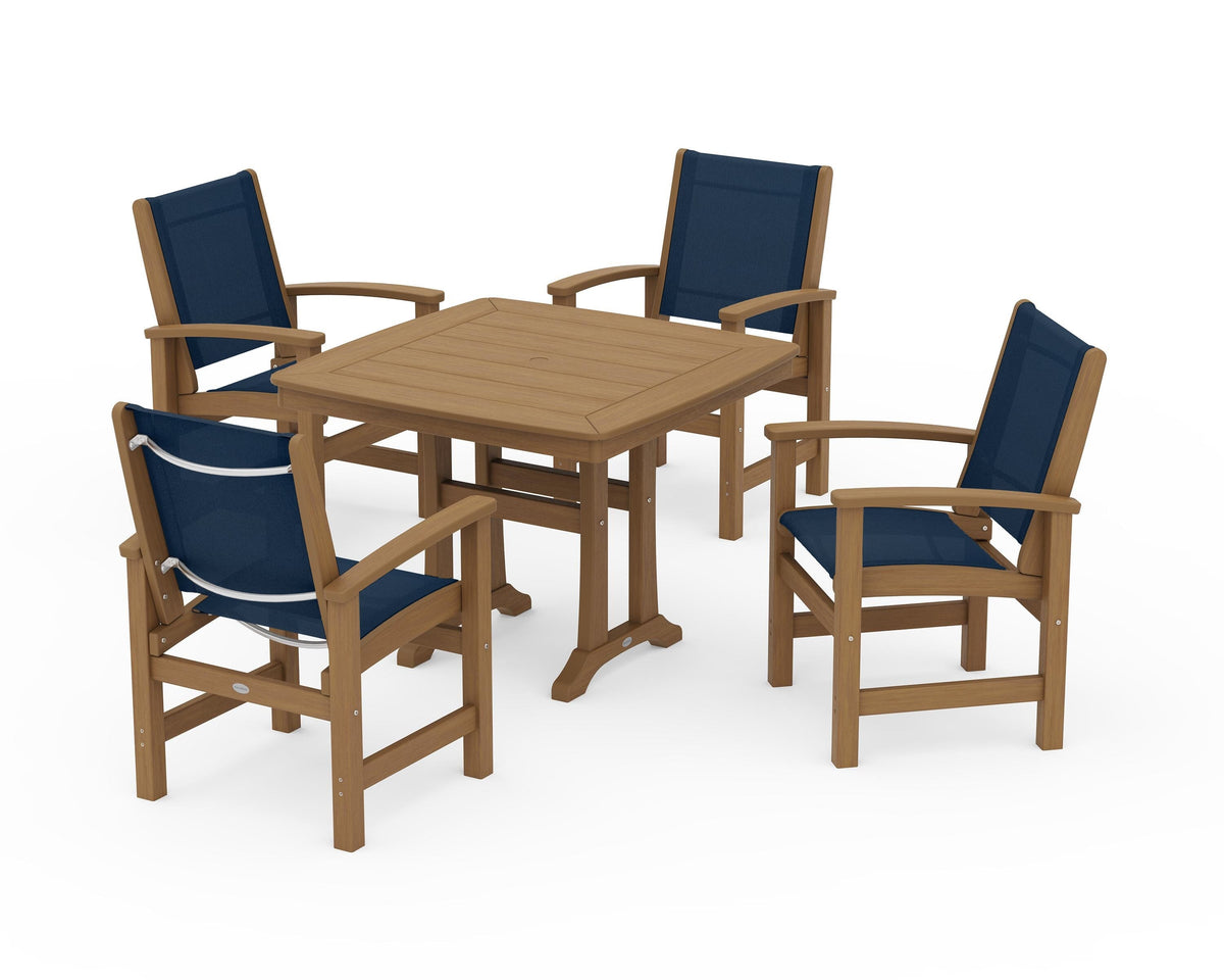 POLYWOOD Coastal 5-Piece Dining Set with Trestle Legs with Nautical Trestle 37" Dining Table in Natural / Navy Blue
