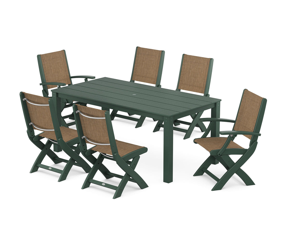 POLYWOOD Coastal Folding Chair 7-Piece Parsons Dining Set with Coastal Folding Side Chair in Green / Burlap