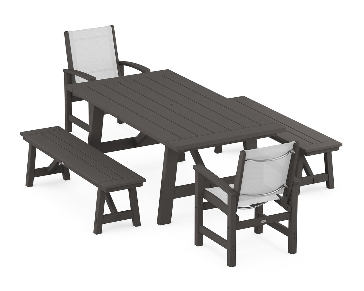 POLYWOOD Coastal 5-Piece Rustic Farmhouse Dining Set With Benches in Vintage Coffee / White