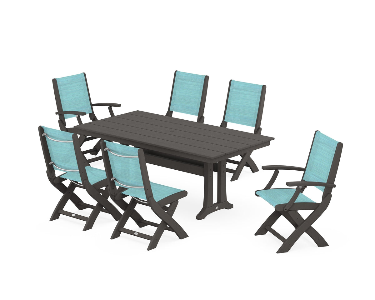 POLYWOOD Coastal Folding Chair 7-Piece Farmhouse Dining Set with Trestle Legs in Vintage Coffee / Dupioni Aquamarine