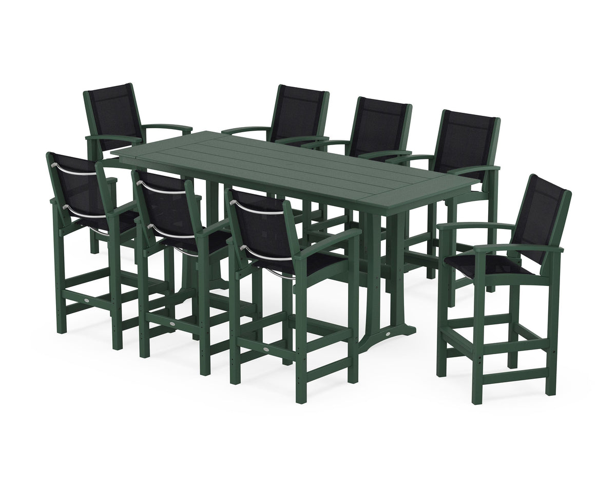 POLYWOOD Coastal 9-Piece Farmhouse Bar Set with Trestle Legs in Green / Black