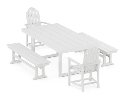 POLYWOOD Classic Adirondack 5-Piece Dining Set with Benches - 39" x 78" Table in White