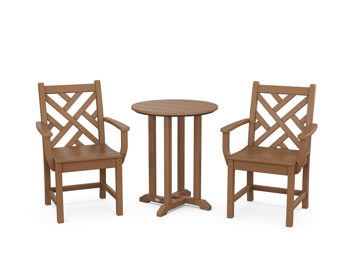 POLYWOOD Chippendale 3-Piece Round Bistro Dining Set in Teak