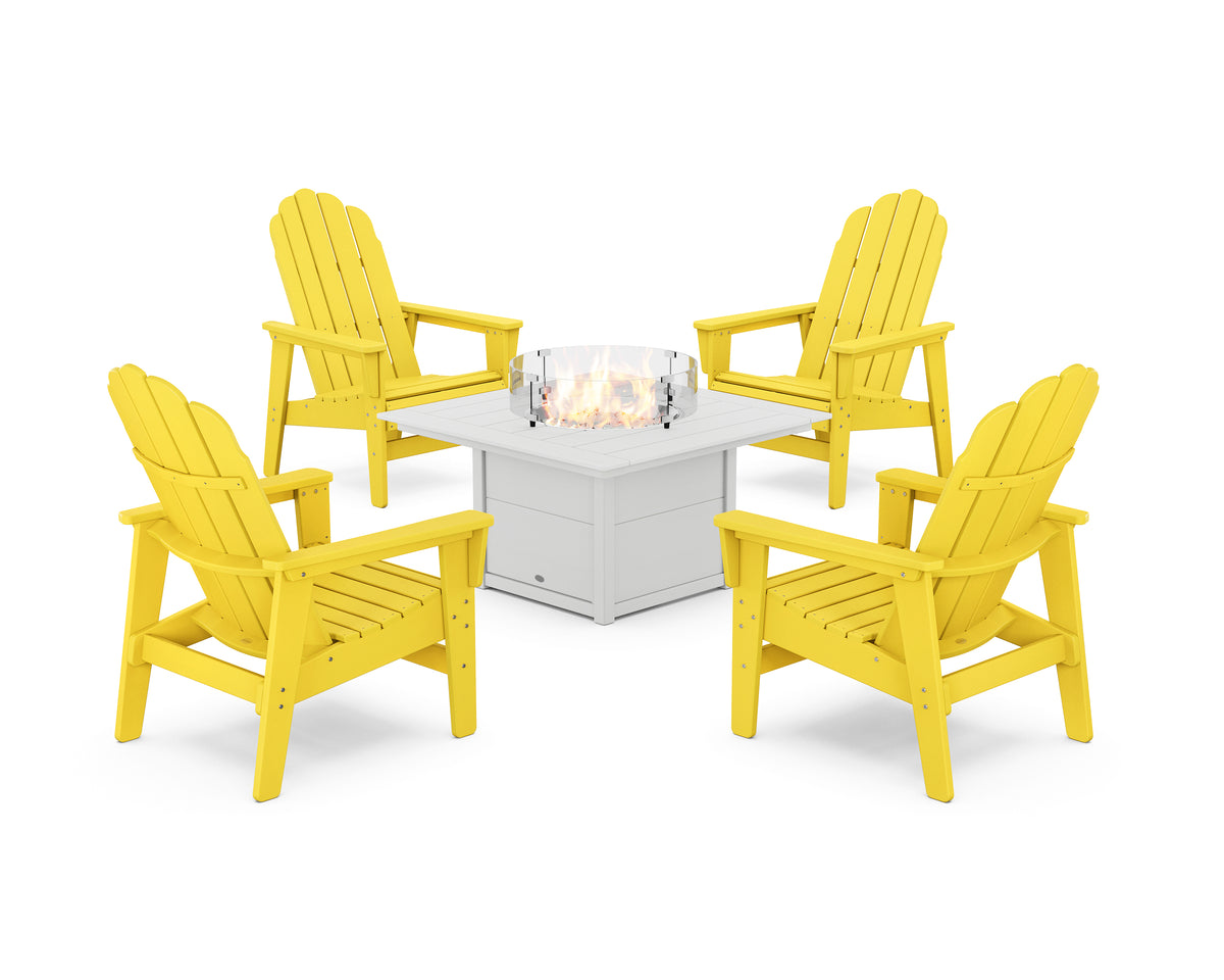 POLYWOOD 5-Piece Vineyard Grand Upright Adirondack Conversation Set with Fire Pit Table in Lemon / White