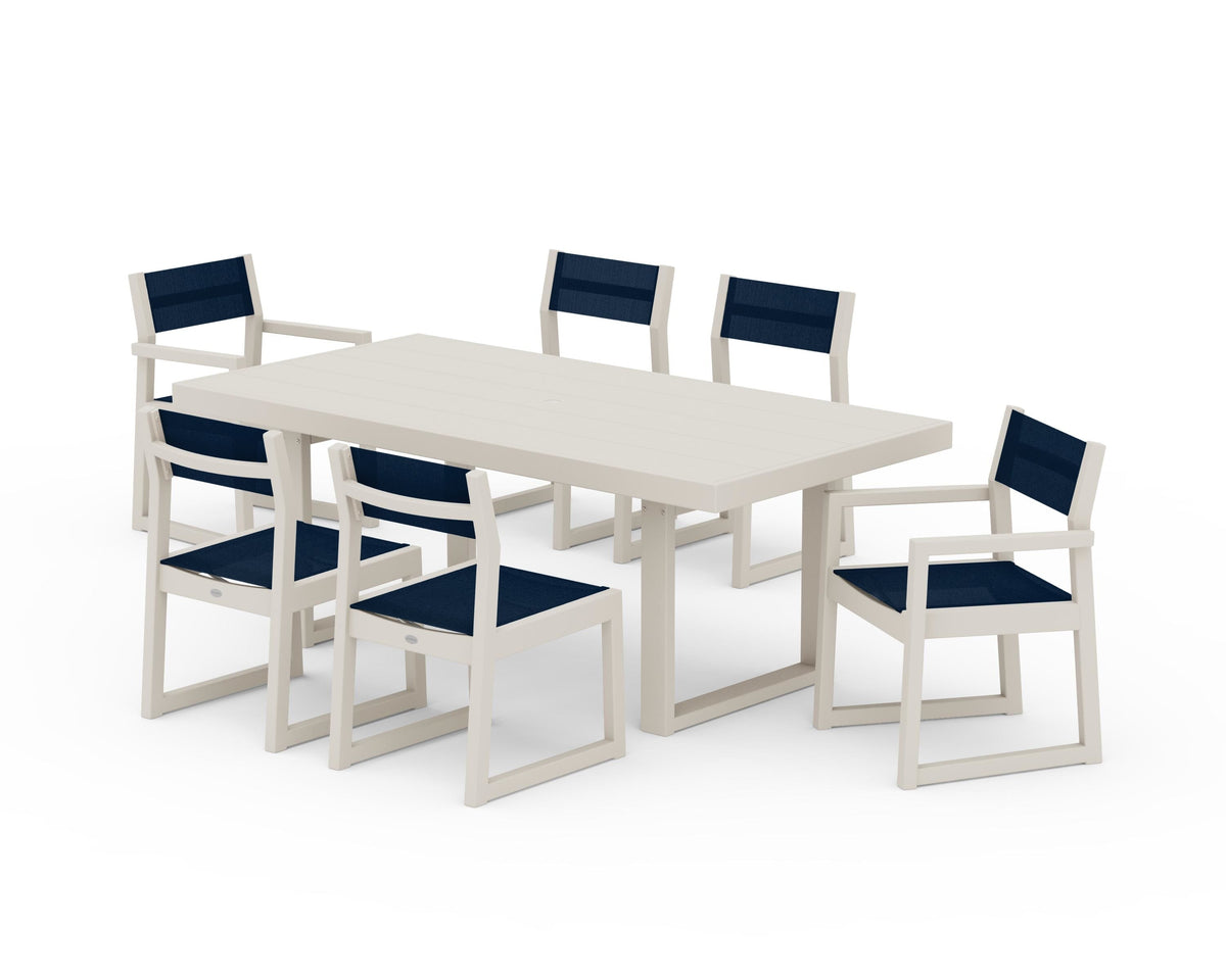 POLYWOOD EDGE Sling 7-Piece Dining Set in Sand / Navy Blue