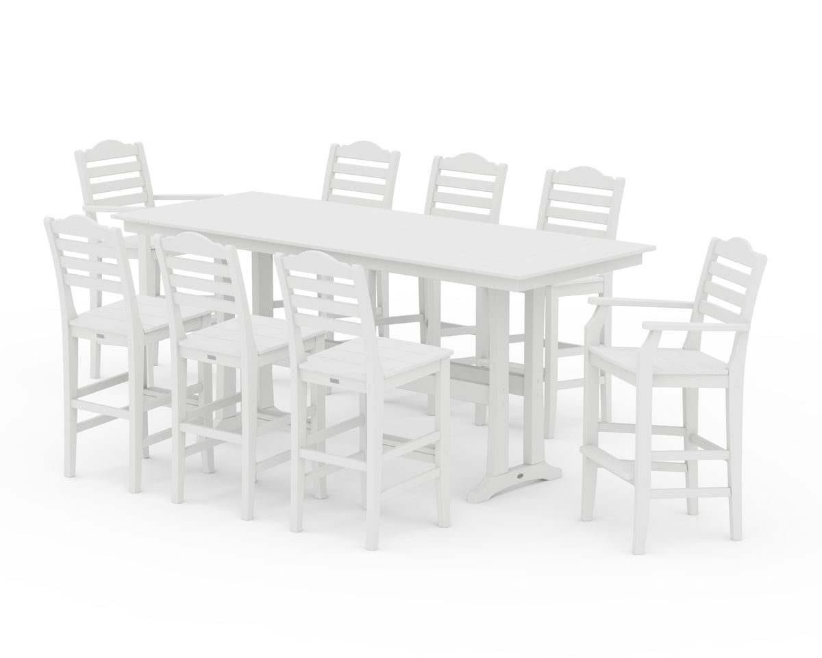 POLYWOOD Savannah 9-Piece Farmhouse Bar Set with Trestle Legs in White