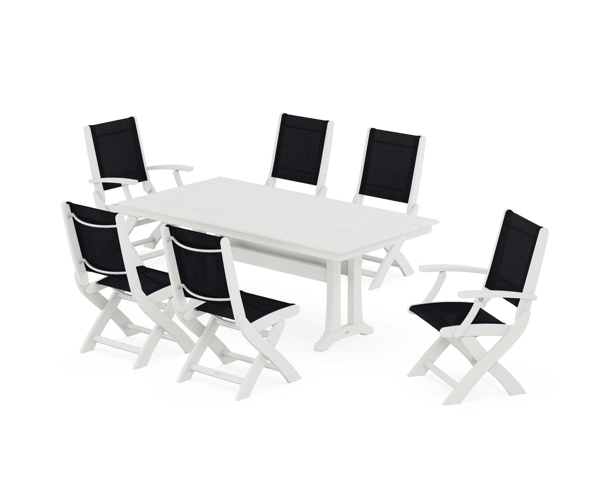 POLYWOOD Coastal Folding Chair 7-Piece Farmhouse Dining Set with Trestle Legs in Vintage White / Black