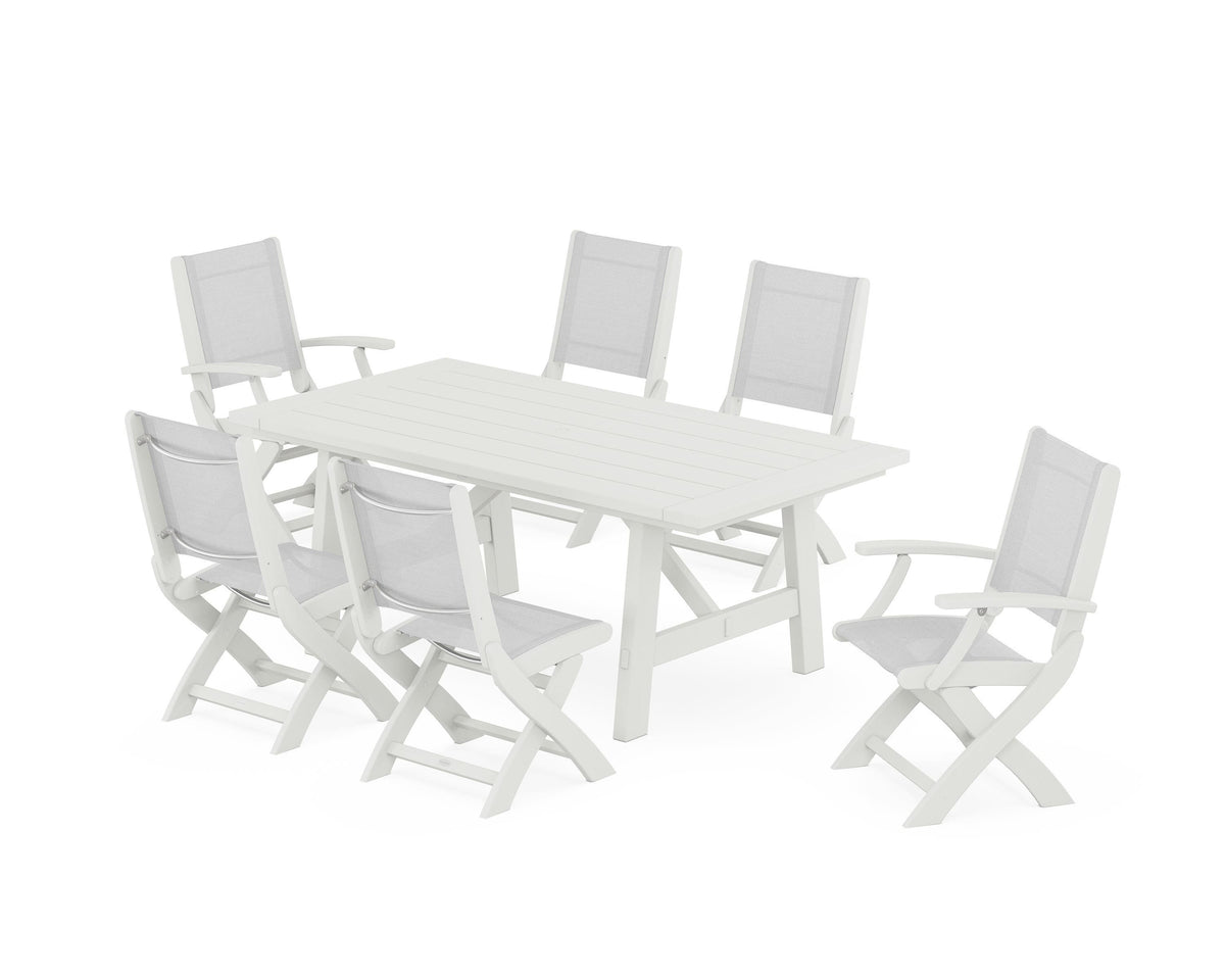 POLYWOOD Coastal Folding Chair 7-Piece Rustic Farmhouse Dining Set in Vintage White / White