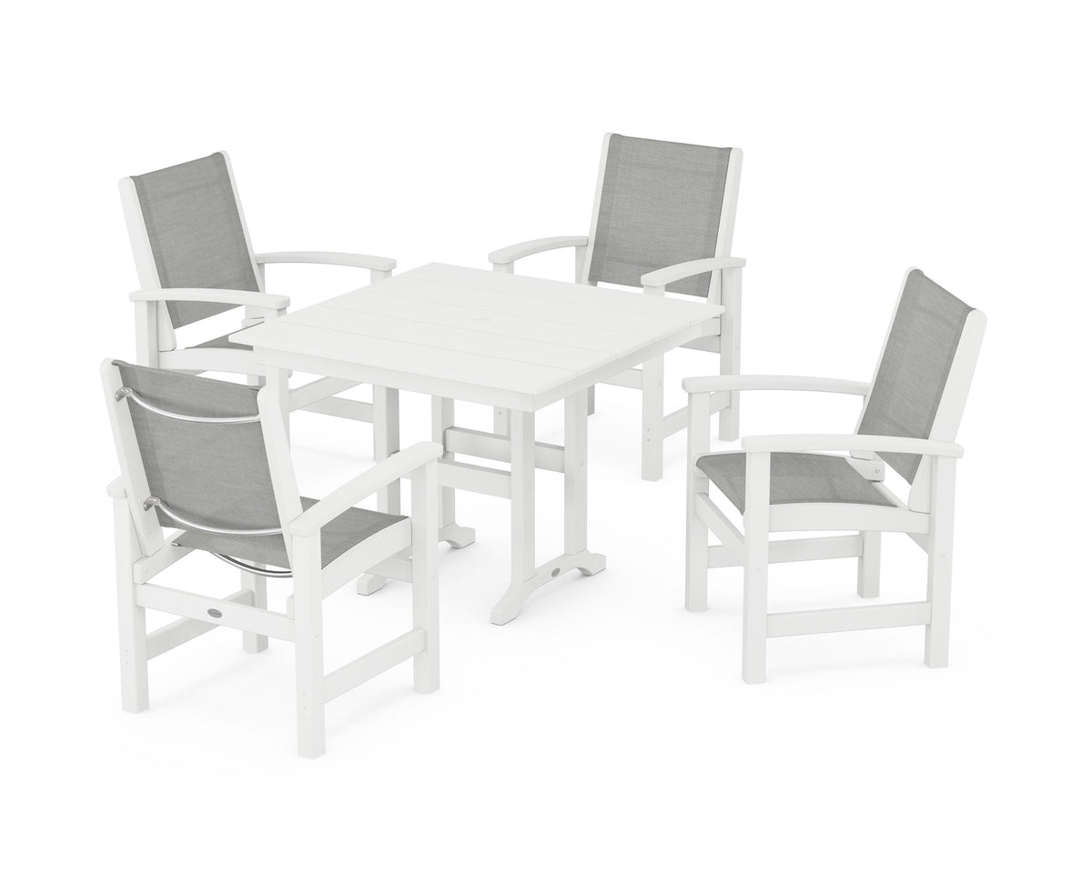 POLYWOOD Coastal 5-Piece Farmhouse Dining Set with Farmhouse 37" Dining Table in White / Metallic