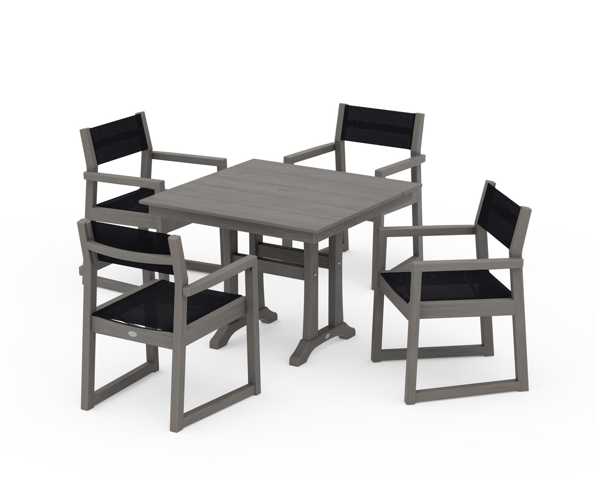 POLYWOOD EDGE Sling 5-Piece Farmhouse Dining Set with Trestle Legs in Driftwood / Black