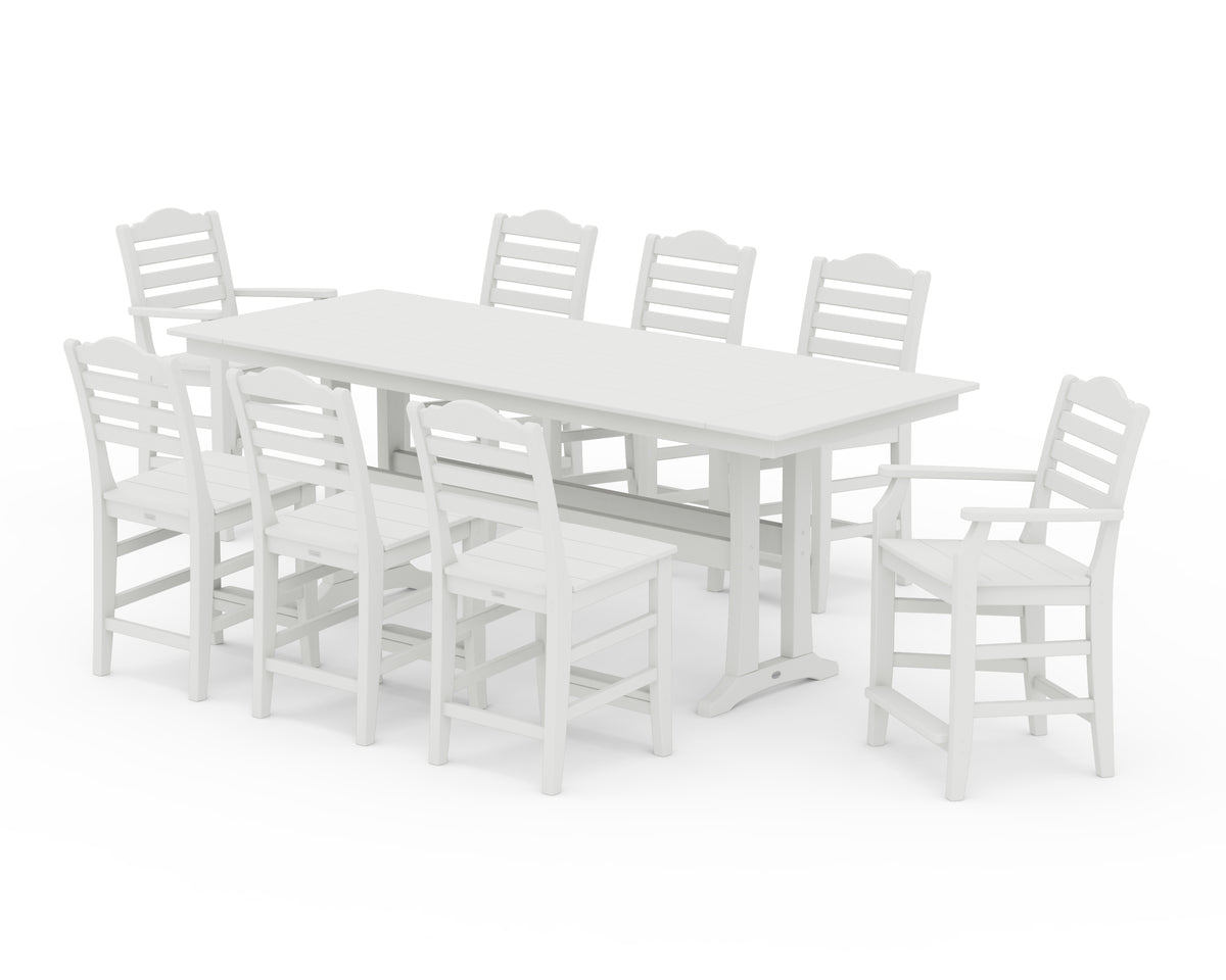 POLYWOOD Savannah 9-Piece Farmhouse Counter Set with Trestle Legs in Vintage White