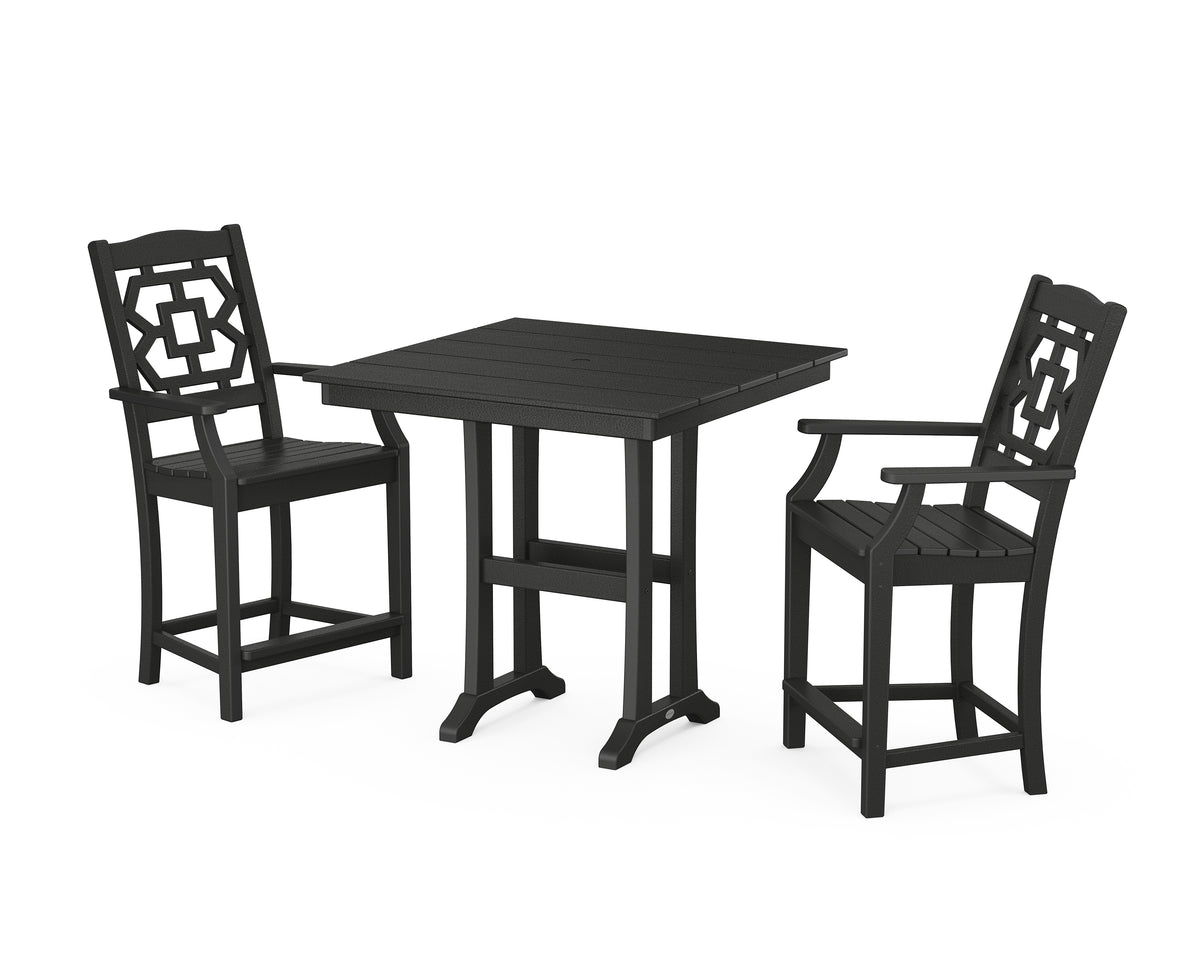 POLYWOOD Chinoiserie 3-Piece Farmhouse Counter Set with Trestle Legs in Black
