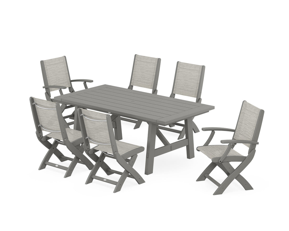 POLYWOOD Coastal Folding Chair 7-Piece Rustic Farmhouse Dining Set in Slate Grey / Birch