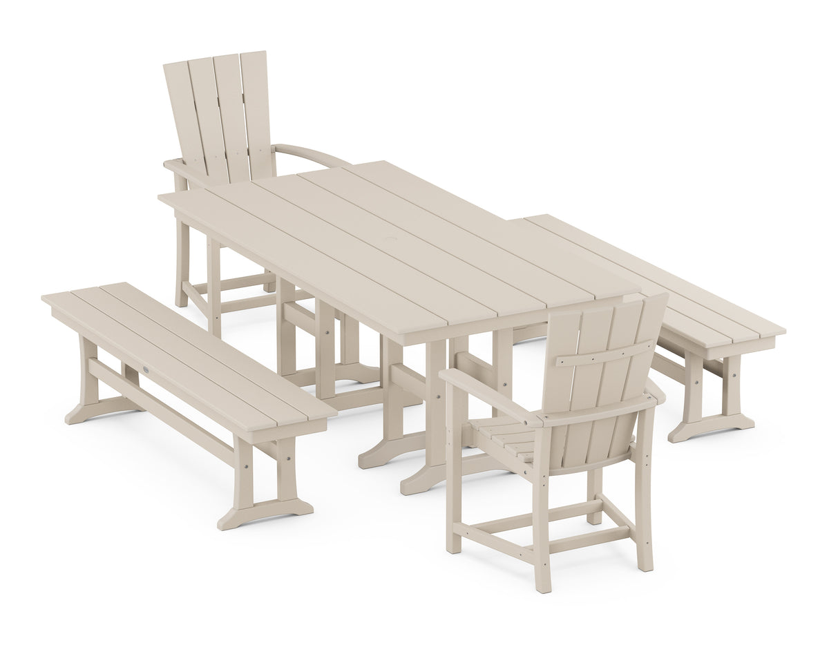 POLYWOOD Quattro 5-Piece Farmhouse Dining Set with Benches - 37" x 72" Table in Sand