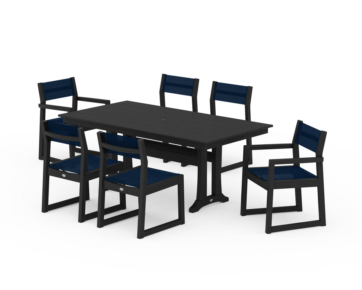 POLYWOOD EDGE Sling 7-Piece Farmhouse Trestle Dining Set in Black / Navy Blue