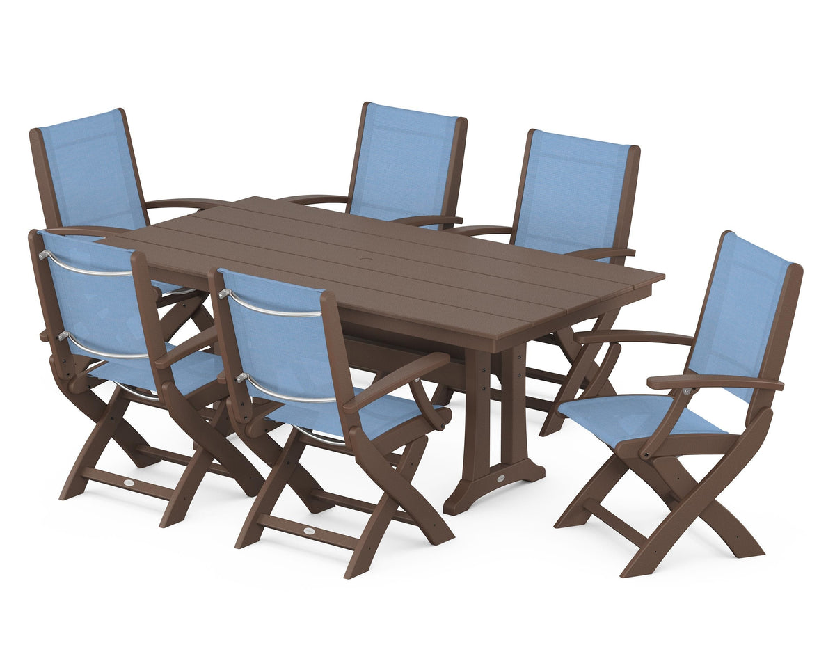 POLYWOOD Coastal Folding Arm Chair 7-Piece Farmhouse Dining Set with Trestle Legs in Mahogany / Poolside