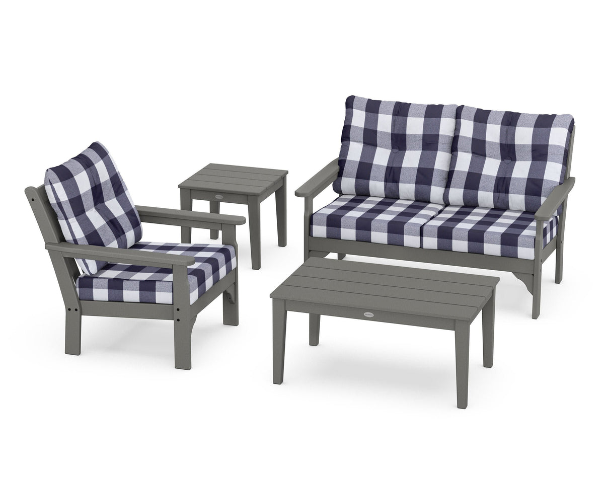 POLYWOOD Vineyard 4-Piece Deep Seating Set with 36" Coffee Table in Slate Grey / Buffalo Plaid Navy