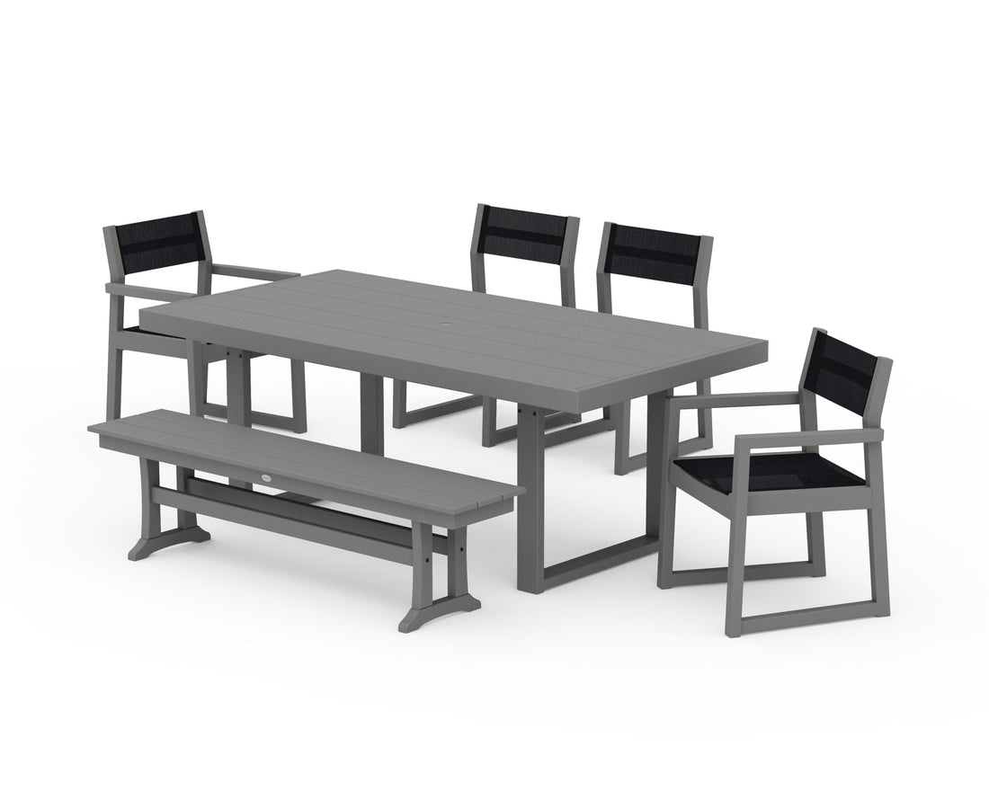 POLYWOOD EDGE Sling 6-Piece Dining Set with Bench in Slate Grey / Black