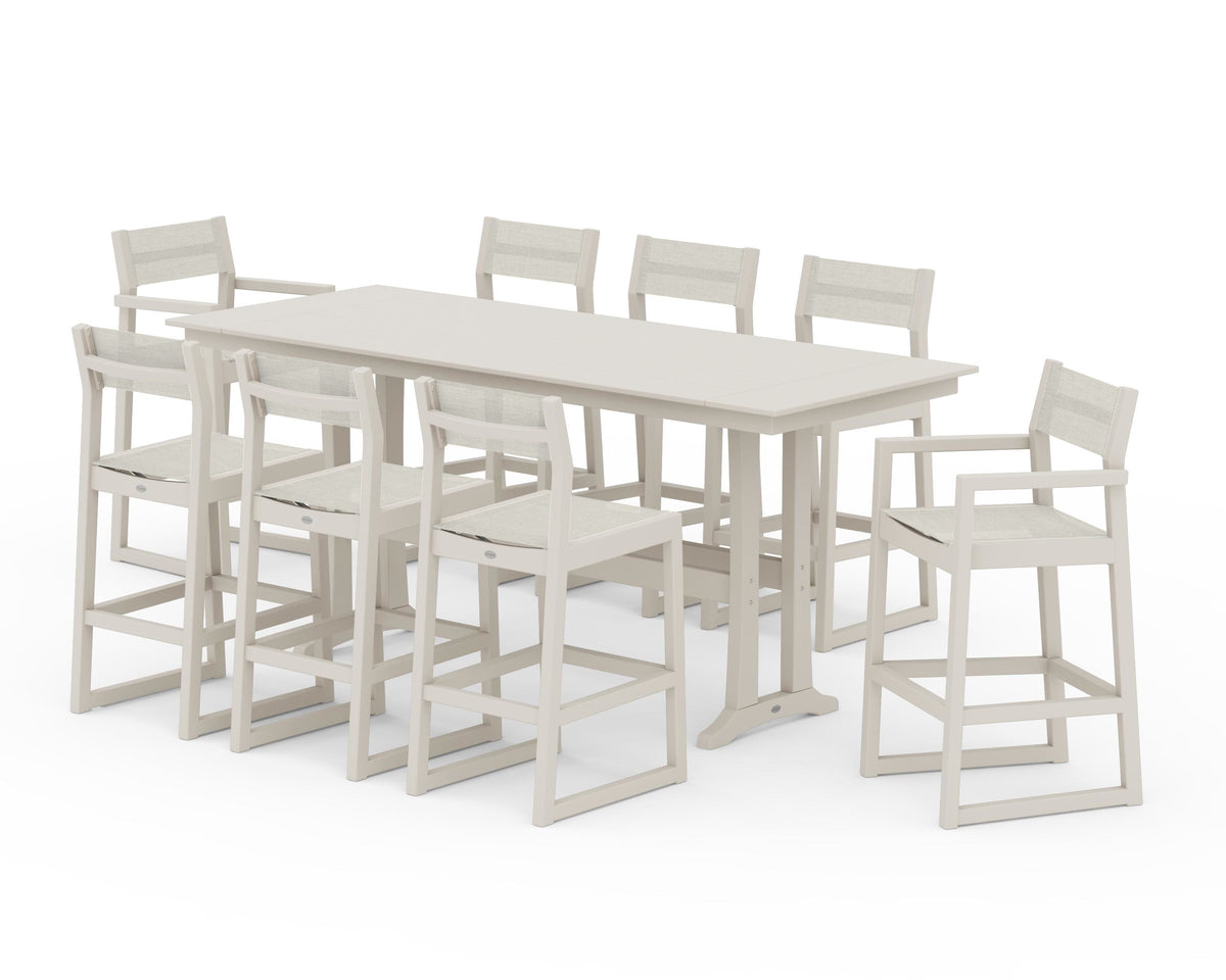 POLYWOOD EDGE Sling 9-Piece Farmhouse Bar Set with Trestle Legs in Sand / Parchment