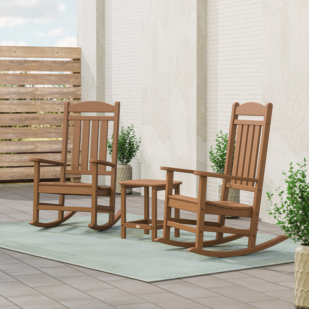 POLYWOOD Presidential 3-Piece Rocking Chair Set with 18" South Beach Side Table in Teak styled outdoors