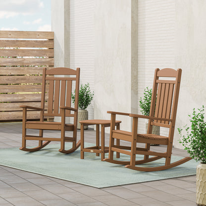 POLYWOOD Presidential 3-Piece Rocking Chair Set with 18" South Beach Side Table in Teak styled outdoors