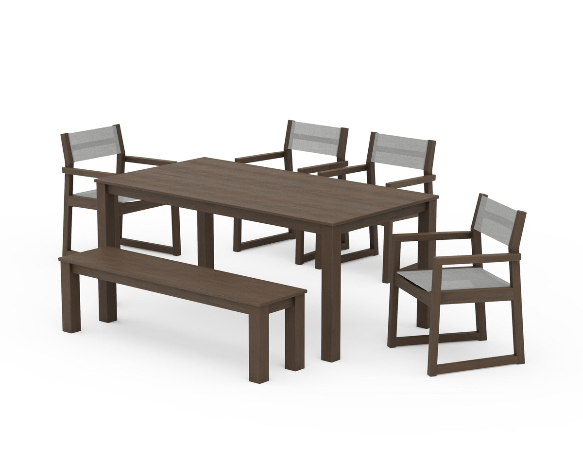 POLYWOOD EDGE Sling Arm Chair 6-Piece Parsons Dining Set with Bench in Kona / Metallic