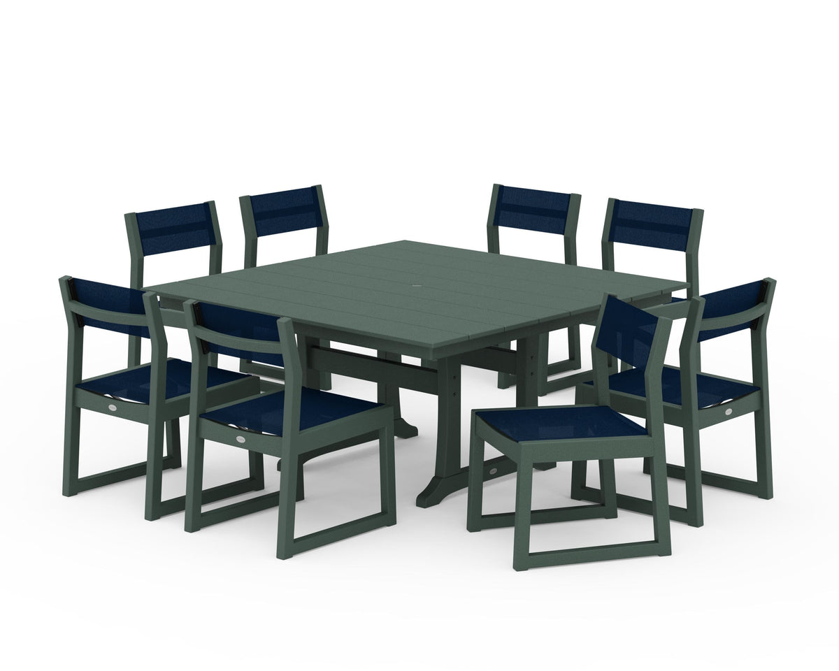 POLYWOOD EDGE Sling Side Chair 9-Piece Farmhouse Trestle Dining Set in Green / Navy Blue