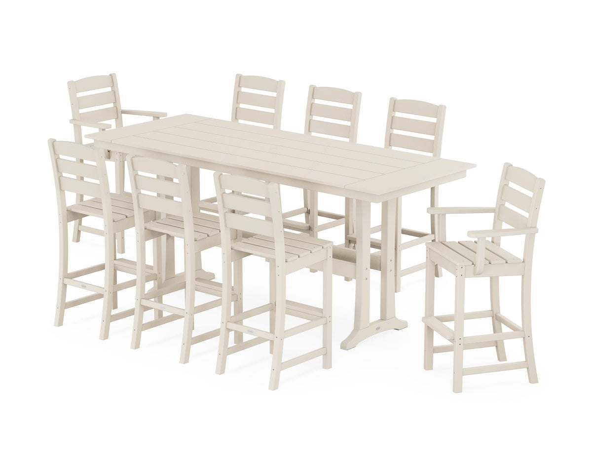 POLYWOOD Lakeside 9-Piece Farmhouse Bar Set with Trestle Legs in Sand