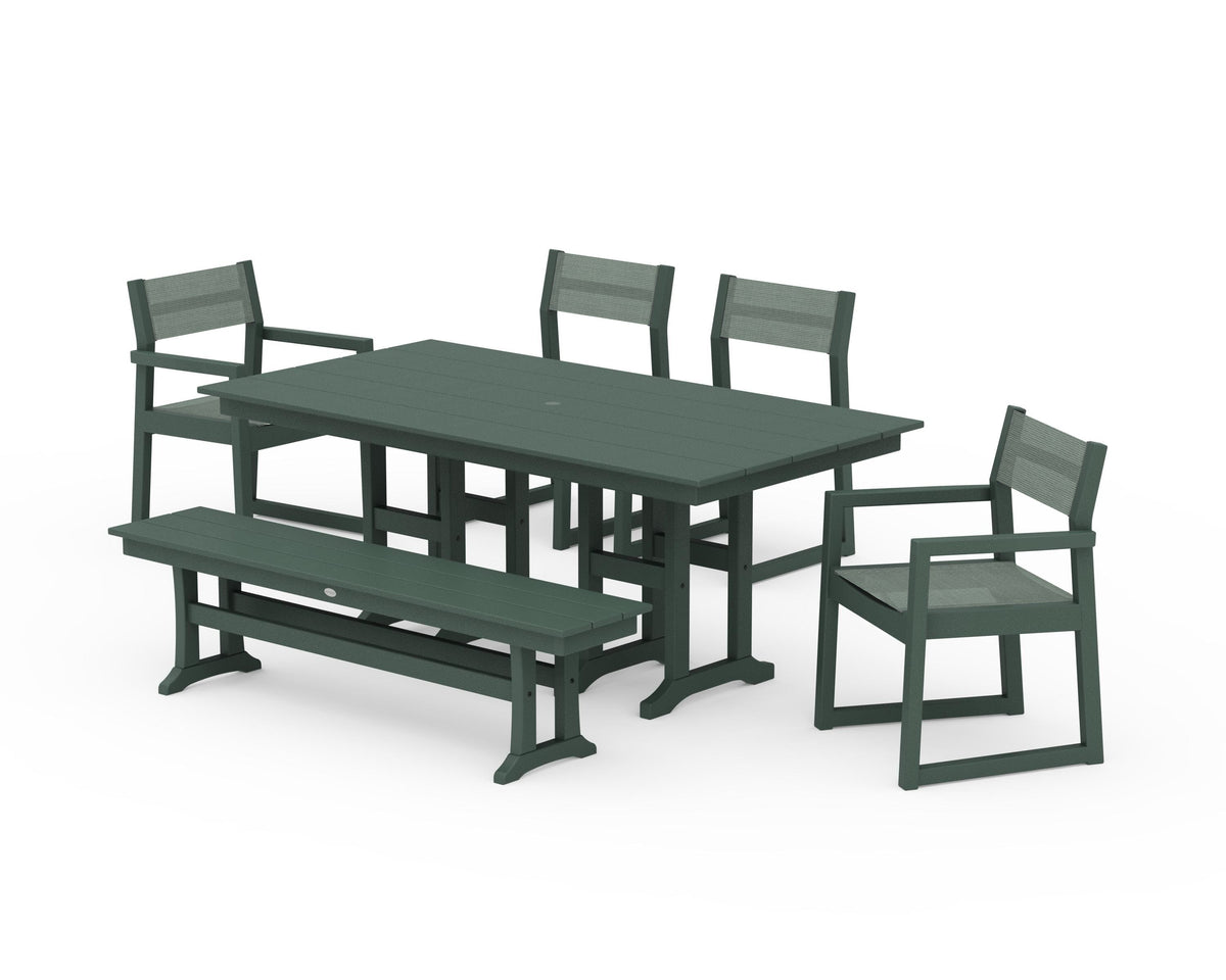 POLYWOOD EDGE Sling 6-Piece Farmhouse Dining Set in Green / Dupioni Sea Mist
