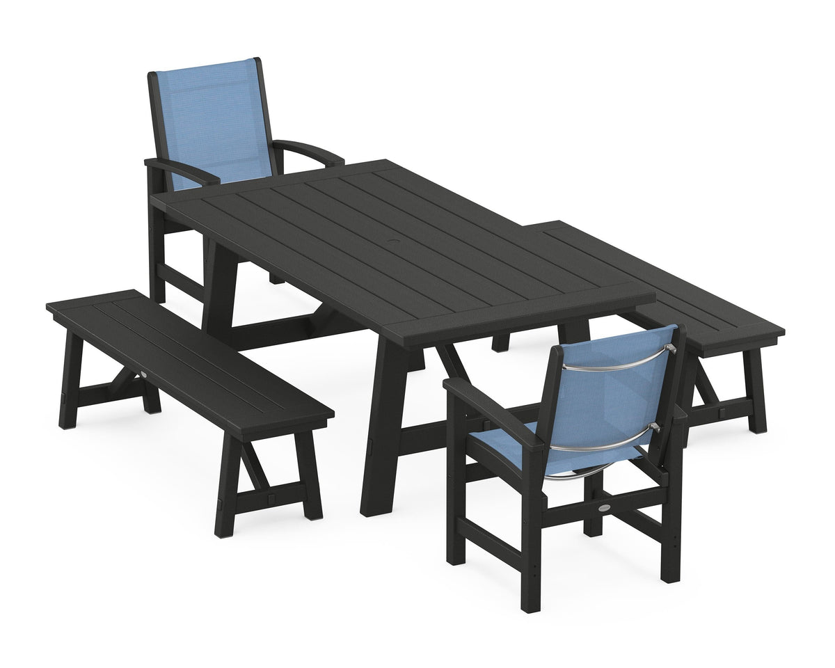 POLYWOOD Coastal 5-Piece Rustic Farmhouse Dining Set With Benches in Black / Poolside