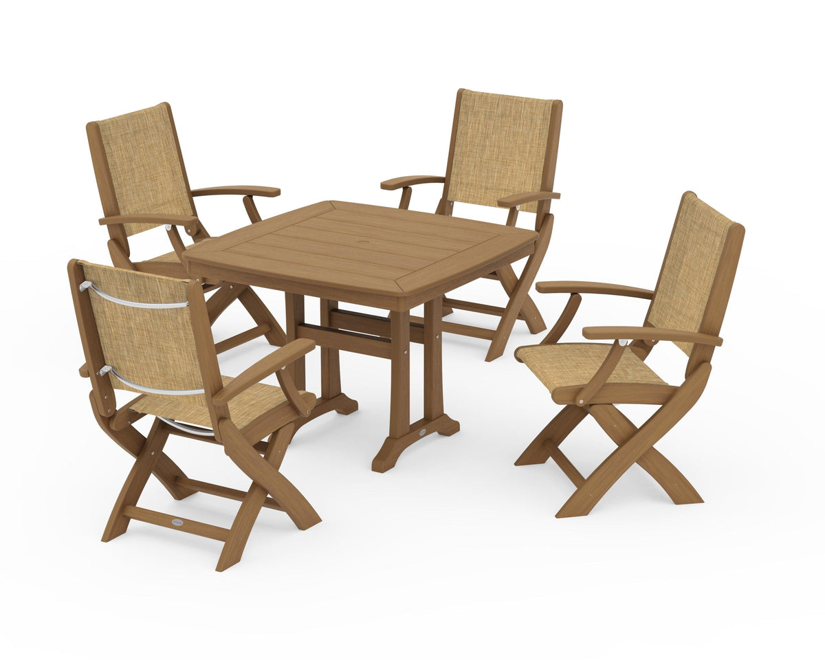 POLYWOOD Coastal Folding Chair 5-Piece Dining Set with Trestle Legs in Natural / Burlap