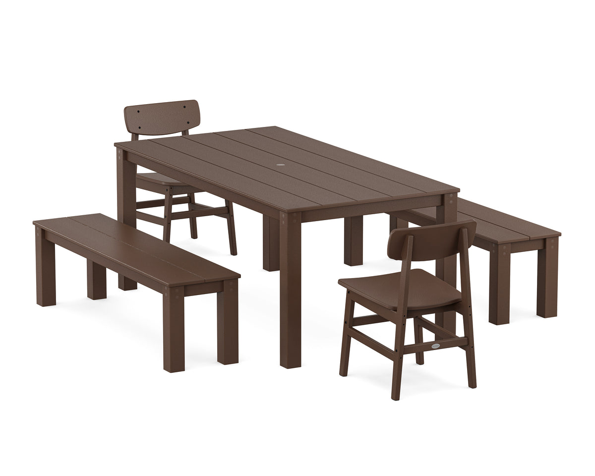 POLYWOOD Modern Studio Urban Chair 5-Piece Parsons Dining Set with Benches - 38" x 72" Table in Mahogany