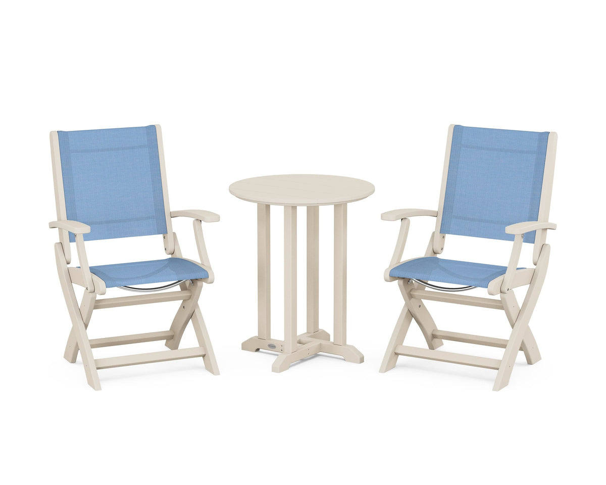 POLYWOOD Coastal Folding 3-Piece Round Bistro Dining Set in Sand / Poolside