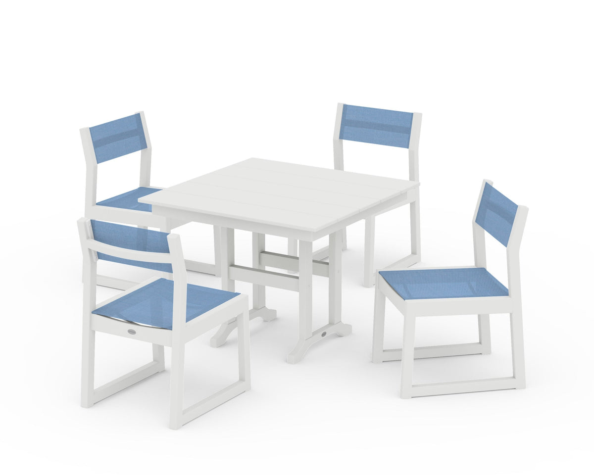POLYWOOD EDGE Sling Side Chair 5-Piece Farmhouse Dining Set in Vintage White / Poolside