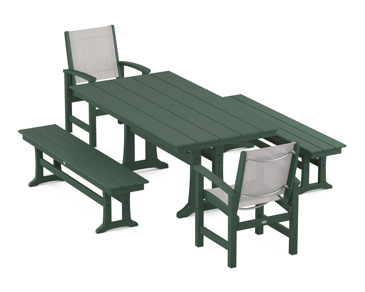 POLYWOOD Coastal 5-Piece Farmhouse Dining Set with Trestle Legs and Benches in Green / Parchment