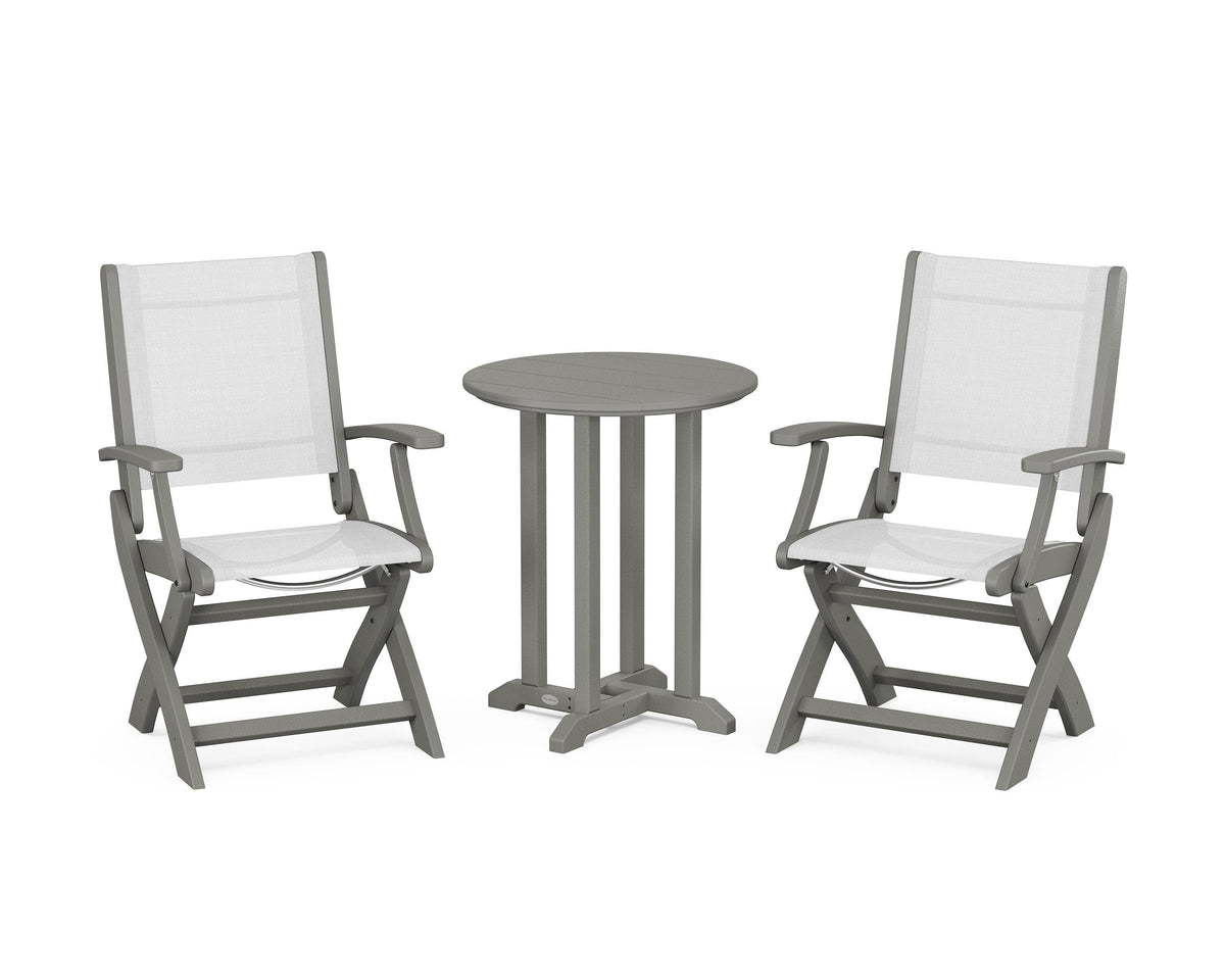 POLYWOOD Coastal Folding 3-Piece Round Bistro Dining Set in Slate Grey / White