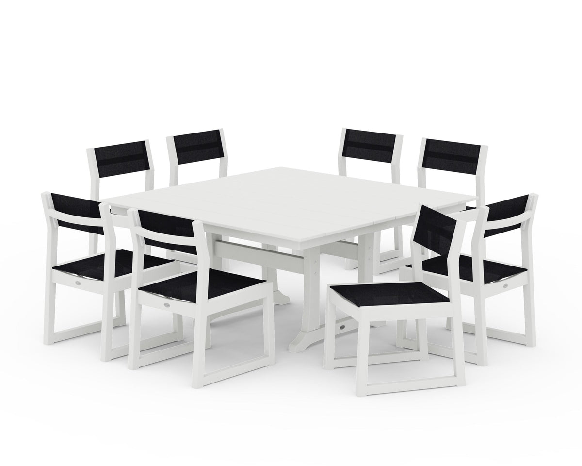 POLYWOOD EDGE Sling Side Chair 9-Piece Farmhouse Trestle Dining Set in Vintage White / Black