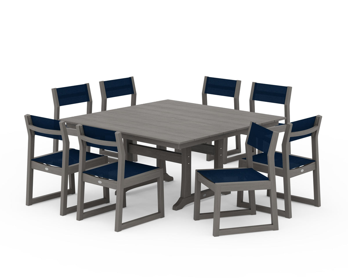 POLYWOOD EDGE Sling Side Chair 9-Piece Farmhouse Trestle Dining Set in Driftwood / Navy Blue