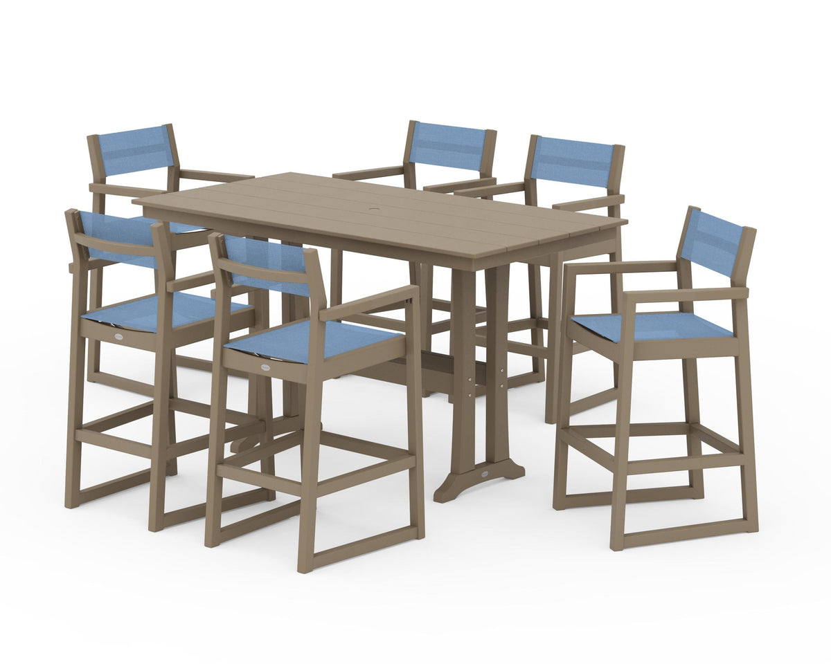 POLYWOOD EDGE Sling Arm Chair 7-Piece Farmhouse Bar Set with Trestle Legs in Vintage Sahara / Poolside