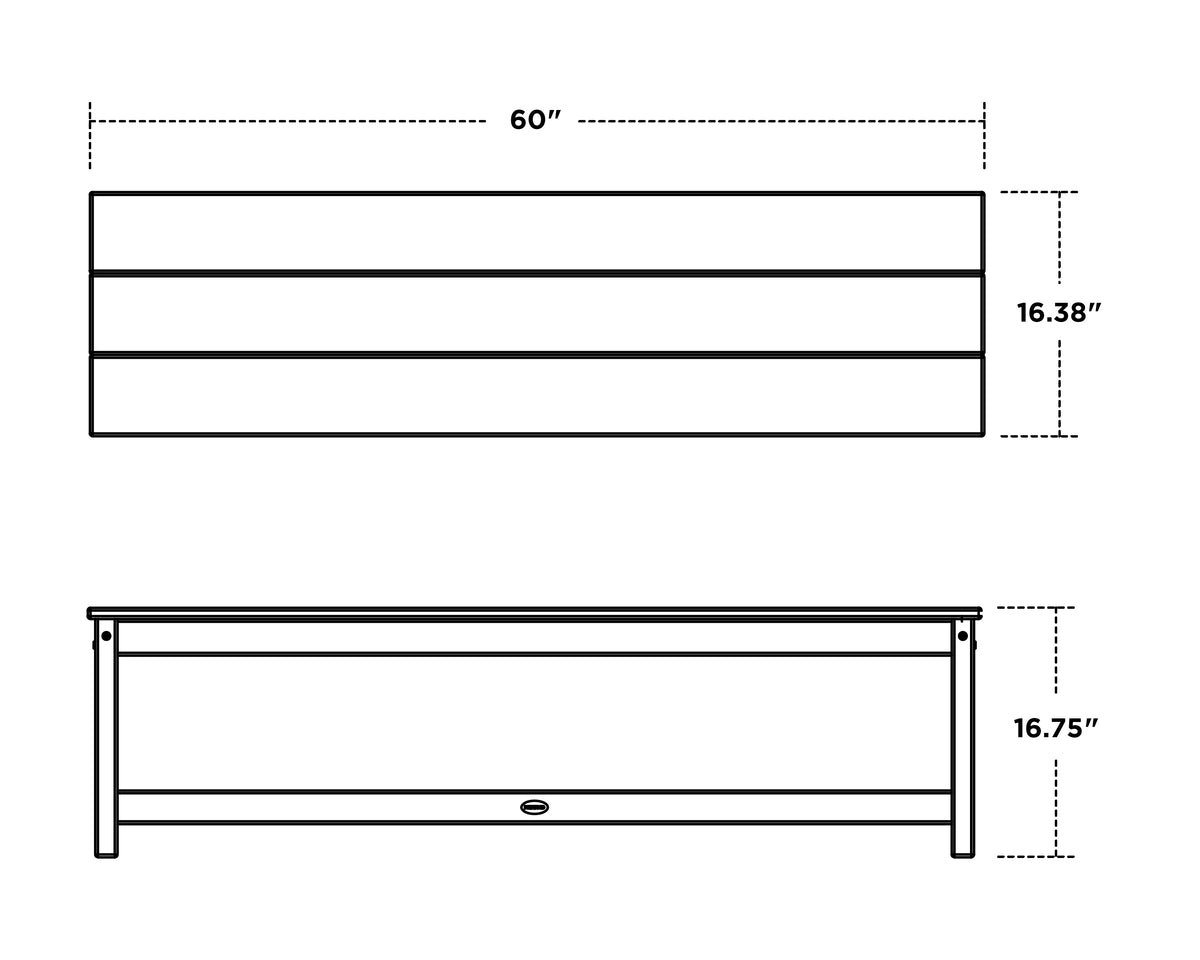 POLYWOOD 60" Planter Bench dimension drawing with width, depth and height measurements