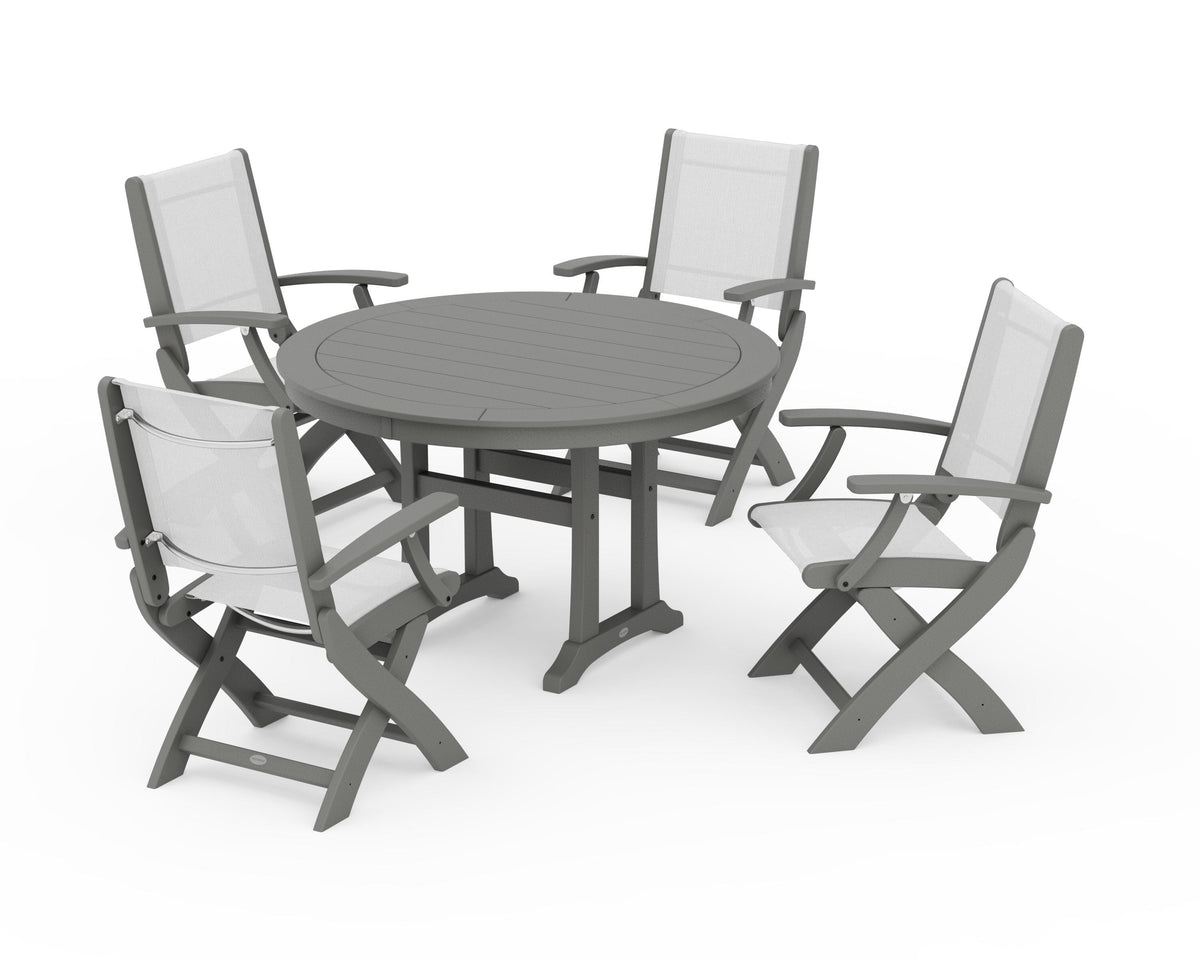 POLYWOOD Coastal Folding Chair 5-Piece Round Dining Set with Trestle Legs in Slate Grey / White