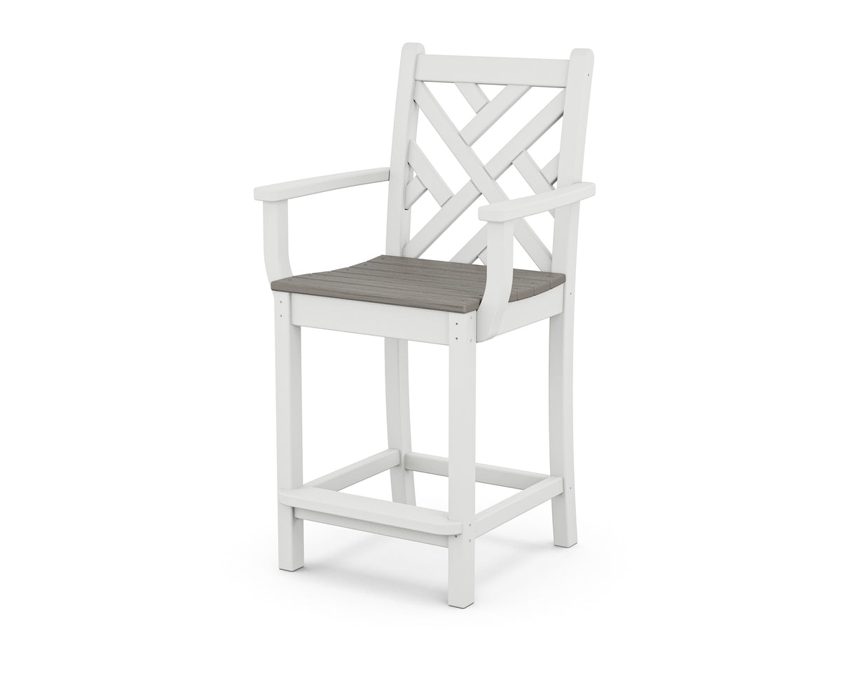 POLYWOOD Chippendale Counter Arm Chair in White / Driftwood