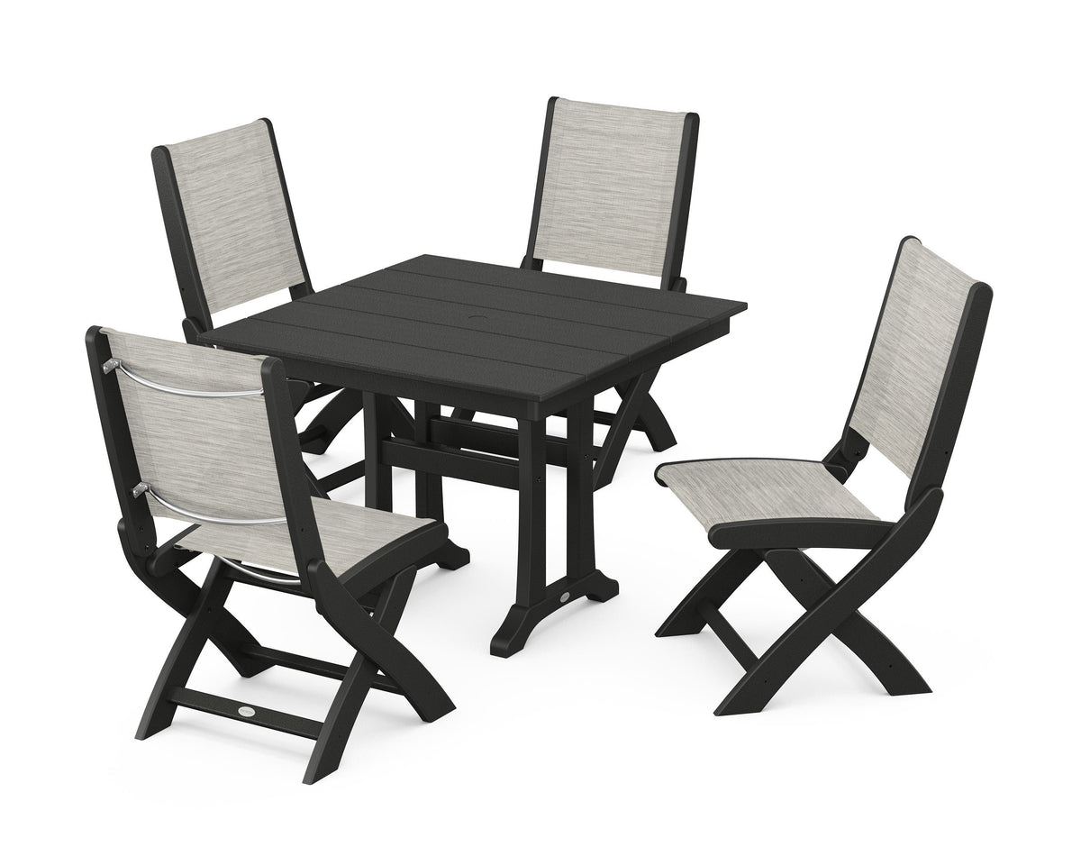 POLYWOOD Coastal Folding Side Chair 5-Piece Farmhouse Dining Set With Trestle Legs in Black / Birch