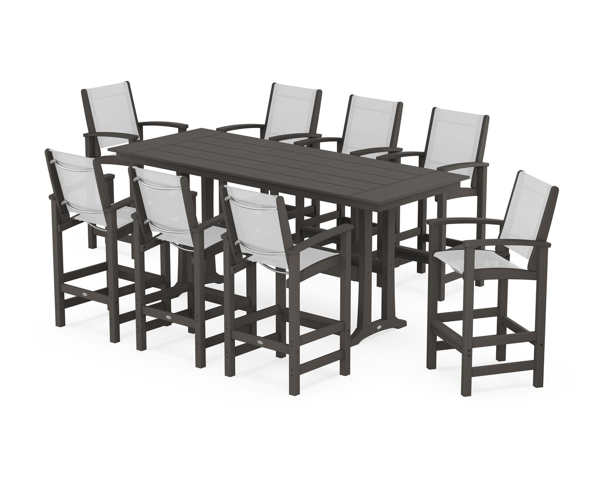 POLYWOOD Coastal 9-Piece Farmhouse Bar Set with Trestle Legs in Vintage Coffee / White